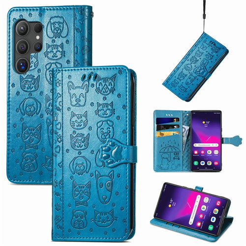 For Samsung Galaxy S25 Ultra Leather Wallet Case Flip Phone Cover with Cute Cat Dog Pattern - Blue - 1