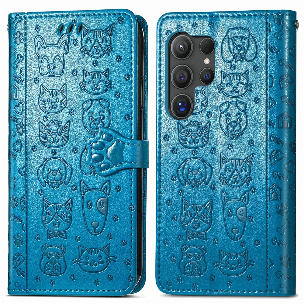 For Samsung Galaxy S25 Ultra Leather Wallet Case Flip Phone Cover with Cute Cat Dog Pattern - Blue - 2