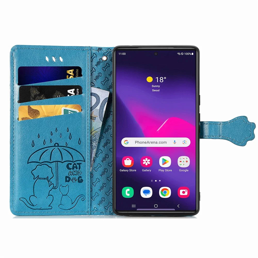For Samsung Galaxy S25 Ultra Leather Wallet Case Flip Phone Cover with Cute Cat Dog Pattern - Blue - 3