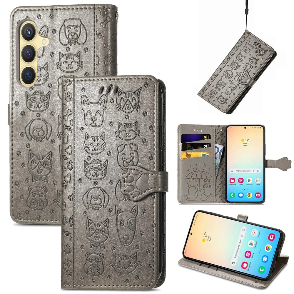 For Samsung Galaxy S25 Leather Wallet Case Flip Phone Cover with Cute Cat Dog Pattern - Grey - 1