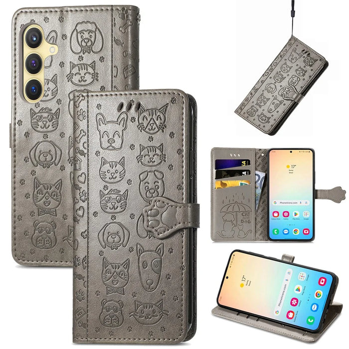 For Samsung Galaxy S25 Leather Wallet Case Flip Phone Cover with Cute Cat Dog Pattern - Grey - 1