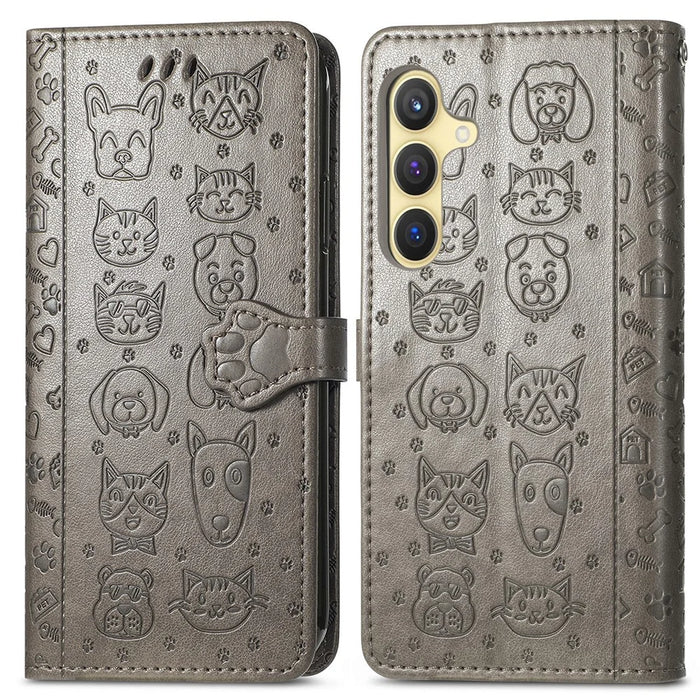 For Samsung Galaxy S25 Leather Wallet Case Flip Phone Cover with Cute Cat Dog Pattern - Grey - 2