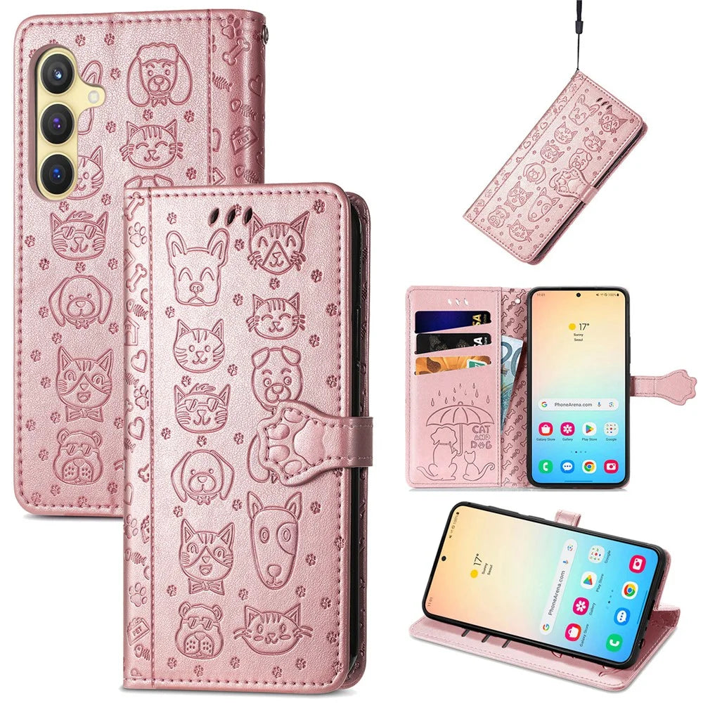 For Samsung Galaxy S25+ Leather Wallet Case Flip Phone Cover with Cute Cat Dog Pattern - Rose Gold - 1