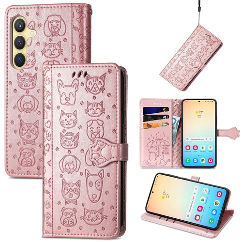 For Samsung Galaxy S25+ Leather Wallet Case Flip Phone Cover with Cute Cat Dog Pattern - Rose Gold - 1