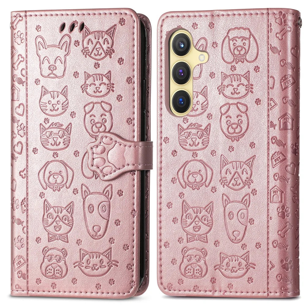For Samsung Galaxy S25+ Leather Wallet Case Flip Phone Cover with Cute Cat Dog Pattern - Rose Gold - 2