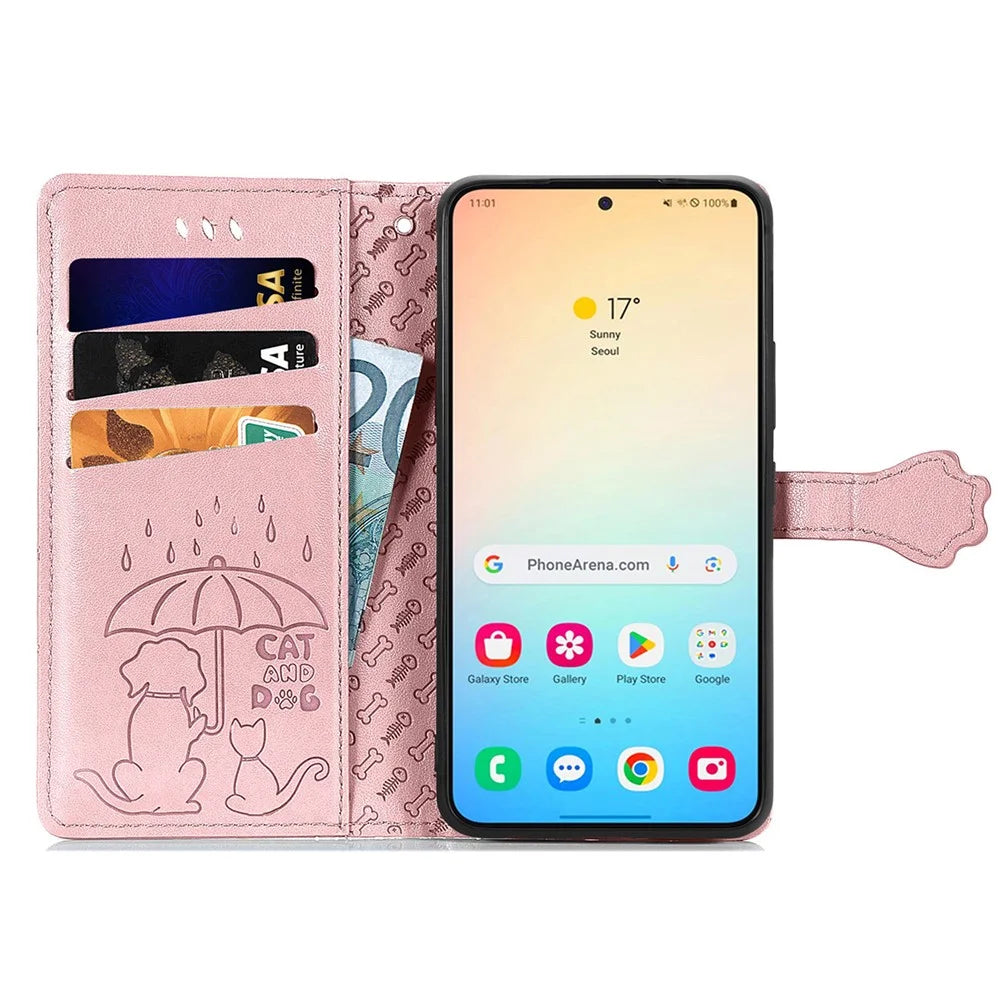 For Samsung Galaxy S25+ Leather Wallet Case Flip Phone Cover with Cute Cat Dog Pattern - Rose Gold - 3