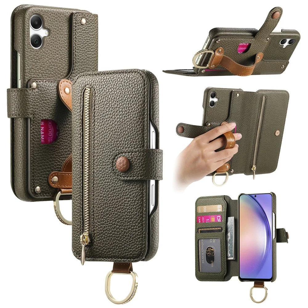 For Samsung Galaxy A05 4G Case RFID Blocking Zipper Wallet PU Leather Mobile Cover - Green - 1