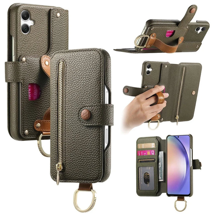 For Samsung Galaxy A05 4G Case RFID Blocking Zipper Wallet PU Leather Mobile Cover - Green - 1