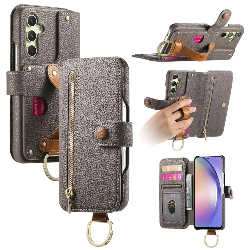 For Samsung Galaxy A05s 4G Case RFID Blocking Zipper Wallet PU Leather Mobile Cover - Grey - 1