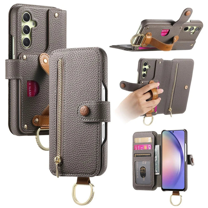 For Samsung Galaxy A05s 4G Case RFID Blocking Zipper Wallet PU Leather Mobile Cover - Grey - 1