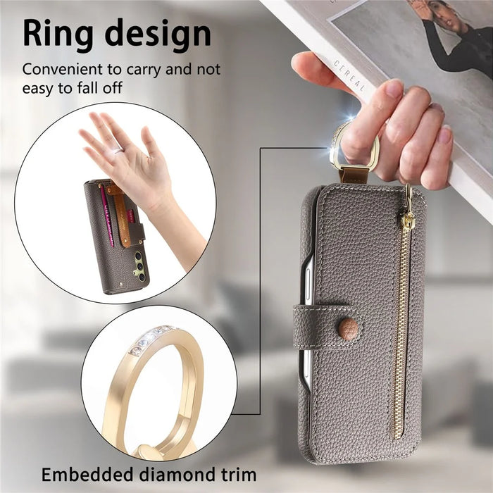 For Samsung Galaxy A05s 4G Case RFID Blocking Zipper Wallet PU Leather Mobile Cover - Grey - 6