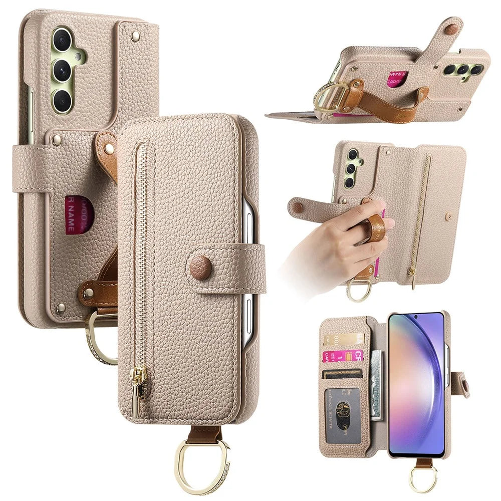 For Samsung Galaxy A14 4G / 5G Case RFID Blocking Zipper Wallet PU Leather Mobile Cover - Khaki - 1