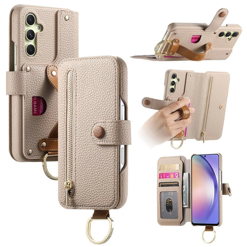 For Samsung Galaxy A14 4G / 5G Case RFID Blocking Zipper Wallet PU Leather Mobile Cover - Khaki - 1