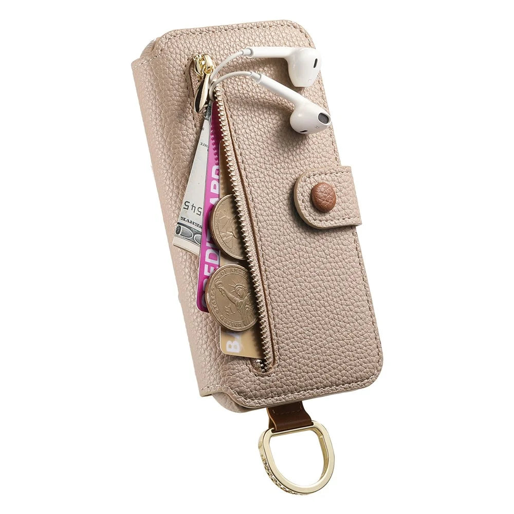 For Samsung Galaxy A14 4G / 5G Case RFID Blocking Zipper Wallet PU Leather Mobile Cover - Khaki - 4