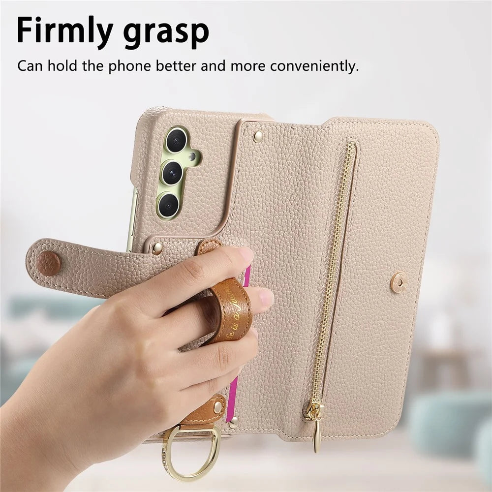 For Samsung Galaxy A14 4G / 5G Case RFID Blocking Zipper Wallet PU Leather Mobile Cover - Khaki - 5