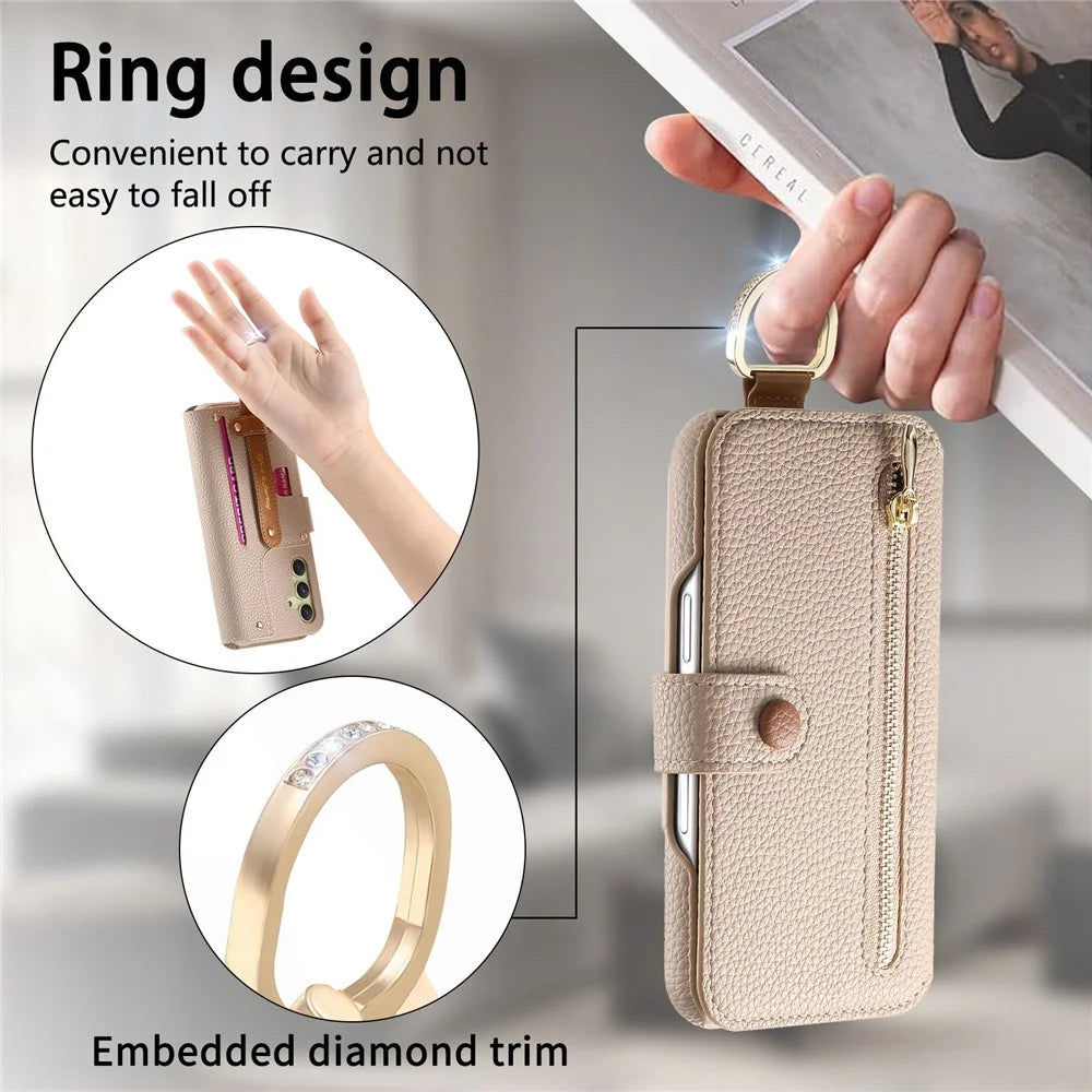 For Samsung Galaxy A14 4G / 5G Case RFID Blocking Zipper Wallet PU Leather Mobile Cover - Khaki - 6
