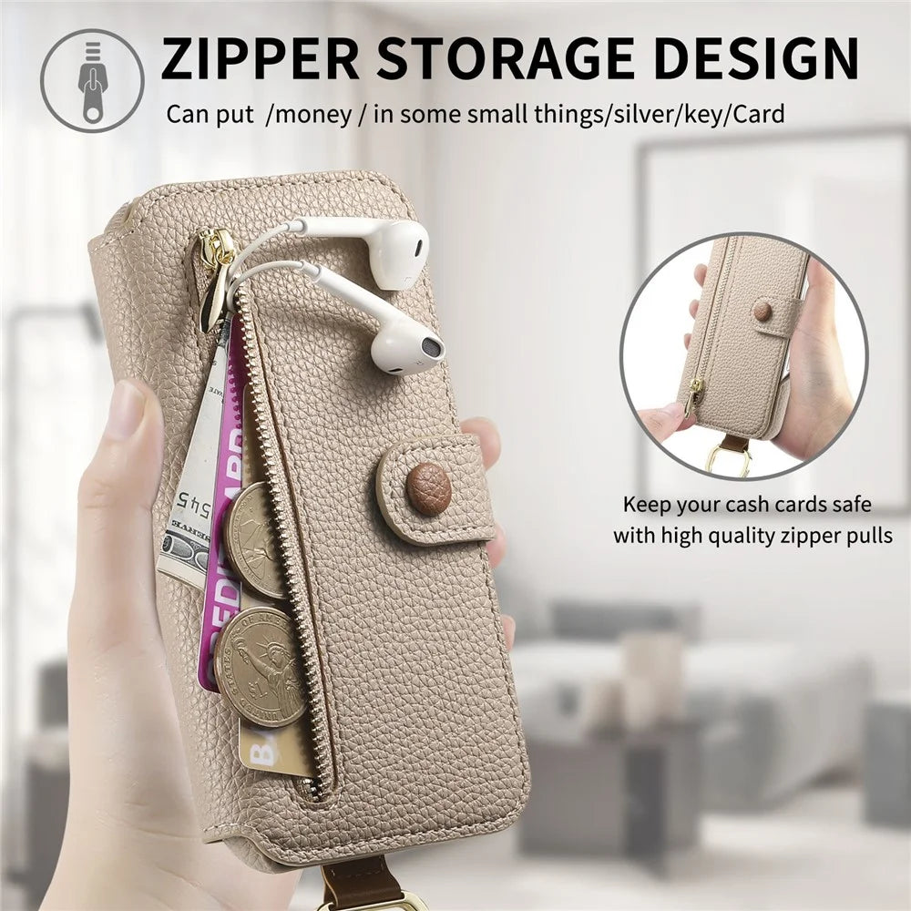 For Samsung Galaxy A14 4G / 5G Case RFID Blocking Zipper Wallet PU Leather Mobile Cover - Khaki - 7