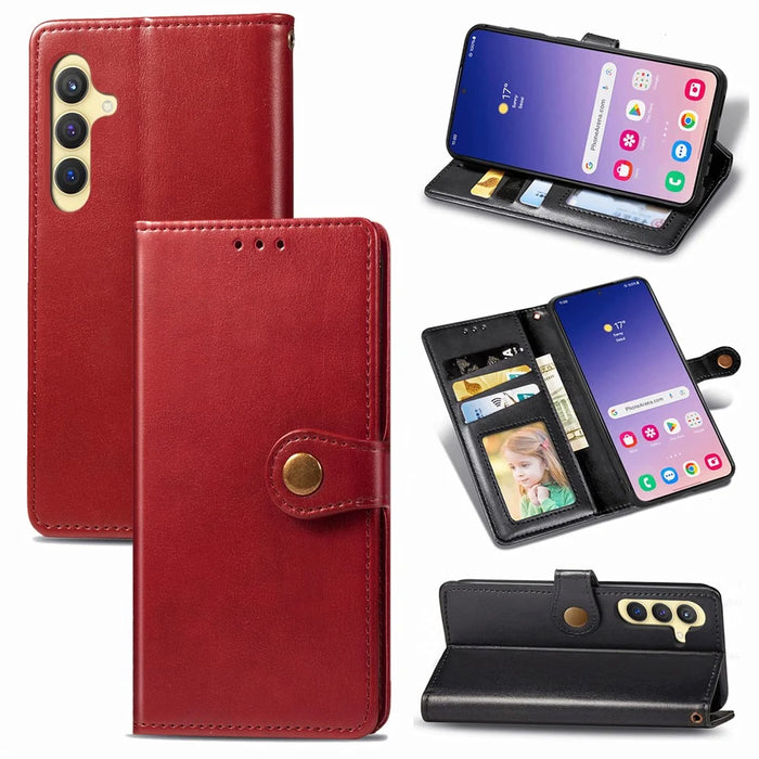 For Samsung Galaxy S25+ Case Leather Phone Case Wallet Stand Cover with Wrist Strap - Red - 4
