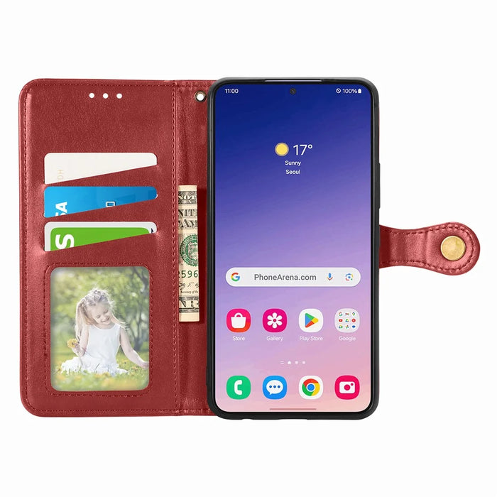 For Samsung Galaxy S25+ Case Leather Phone Case Wallet Stand Cover with Wrist Strap - Red - 5