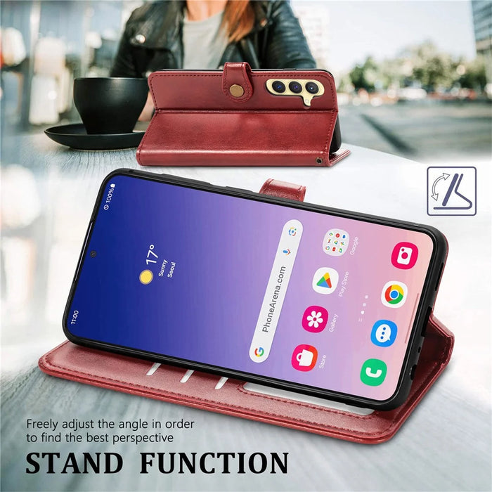 For Samsung Galaxy S25+ Case Leather Phone Case Wallet Stand Cover with Wrist Strap - Red - 6