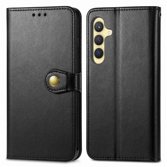 For Samsung Galaxy S25 Case Leather Phone Case Wallet Stand Cover with Wrist Strap - Black - 1
