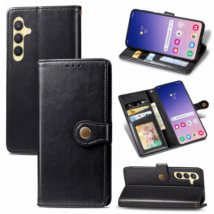 For Samsung Galaxy S25 Case Leather Phone Case Wallet Stand Cover with Wrist Strap - Black - 2