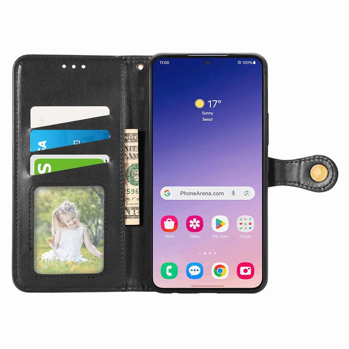 For Samsung Galaxy S25 Case Leather Phone Case Wallet Stand Cover with Wrist Strap - Black - 3