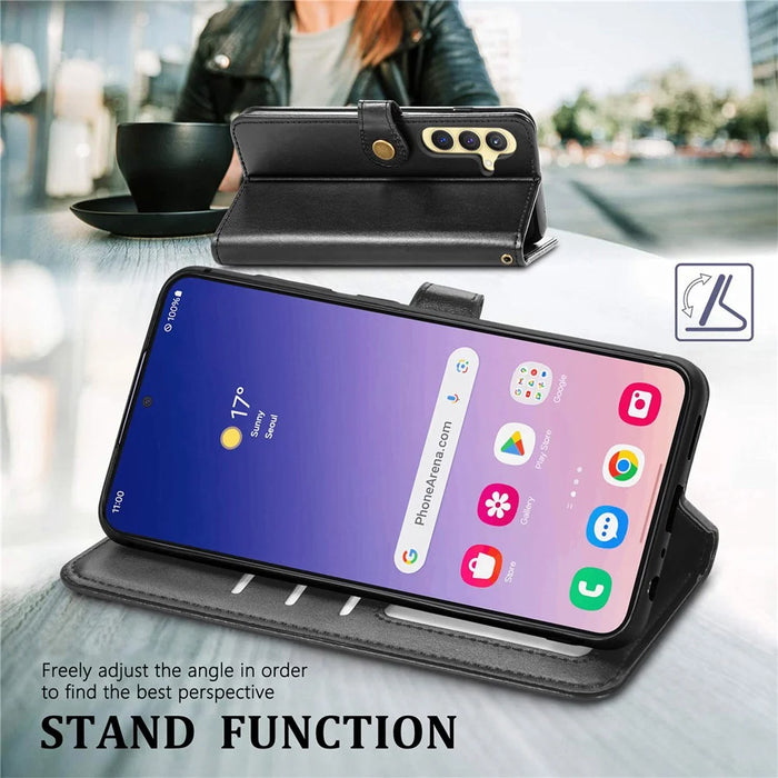 For Samsung Galaxy S25 Case Leather Phone Case Wallet Stand Cover with Wrist Strap - Black - 4