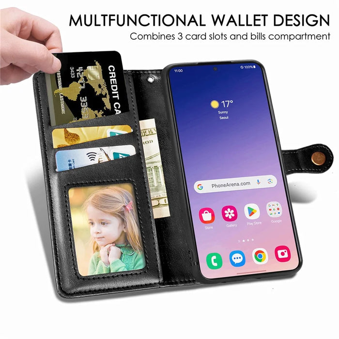 For Samsung Galaxy S25 Case Leather Phone Case Wallet Stand Cover with Wrist Strap - Black - 5