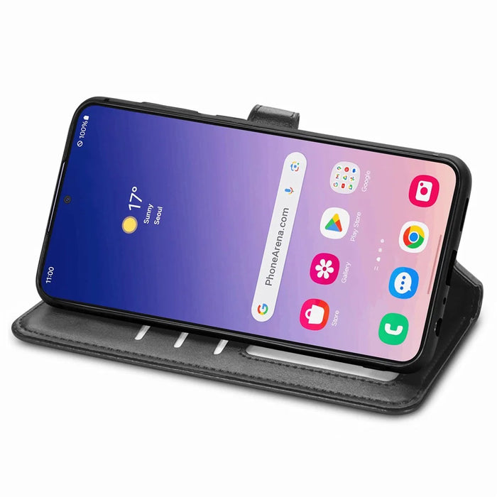 For Samsung Galaxy S25 Case Leather Phone Case Wallet Stand Cover with Wrist Strap - Black - 6