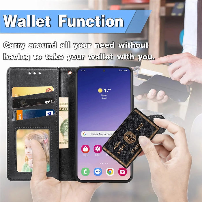 For Samsung Galaxy S25 Case Leather Phone Case Wallet Stand Cover with Wrist Strap - Black - 7