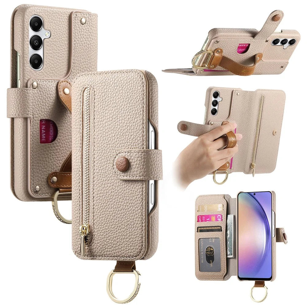 For Samsung Galaxy A55 5G Case RFID Blocking Zipper Wallet PU Leather Mobile Cover - Khaki - 1