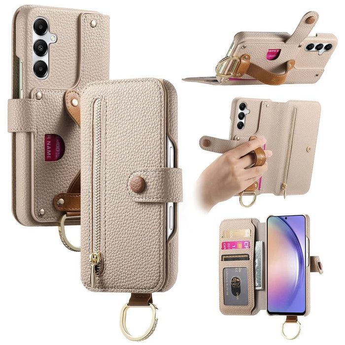 For Samsung Galaxy A55 5G Case RFID Blocking Zipper Wallet PU Leather Mobile Cover - Khaki - 1