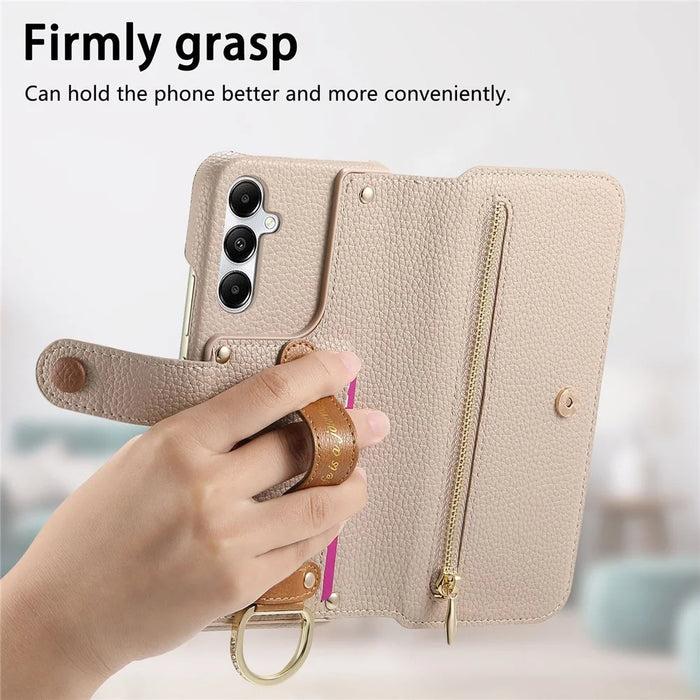 For Samsung Galaxy A55 5G Case RFID Blocking Zipper Wallet PU Leather Mobile Cover - Khaki - 5