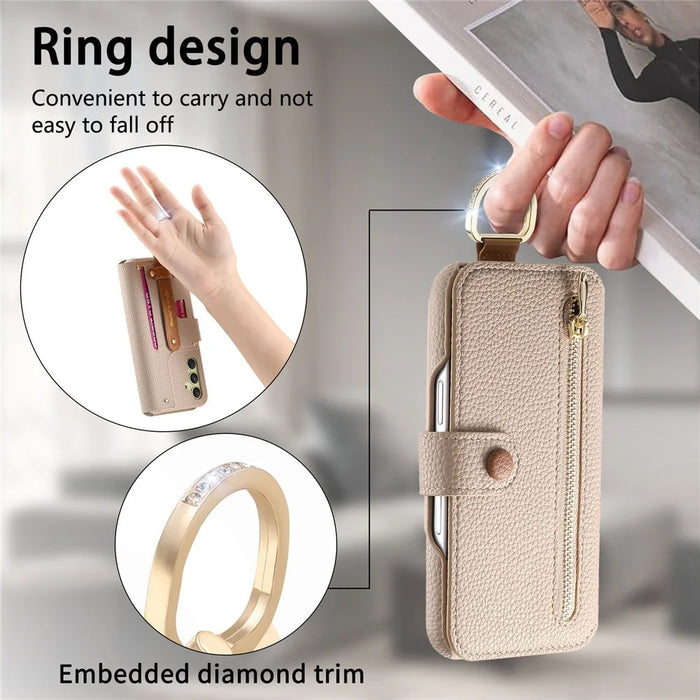 For Samsung Galaxy A55 5G Case RFID Blocking Zipper Wallet PU Leather Mobile Cover - Khaki - 6