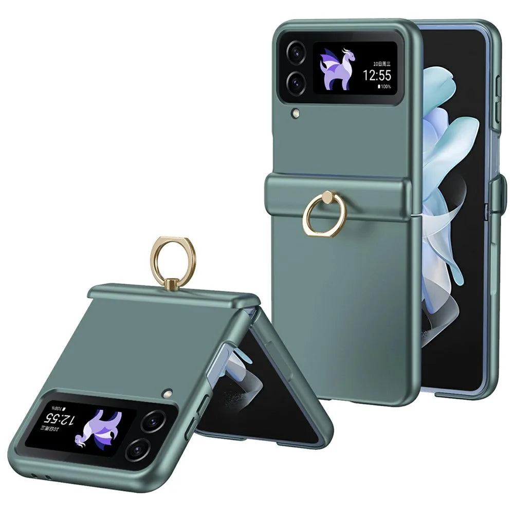 For Samsung Galaxy Z Flip4 5G Case Ring Holder Kickstand PC Phone Cover - Green - 1
