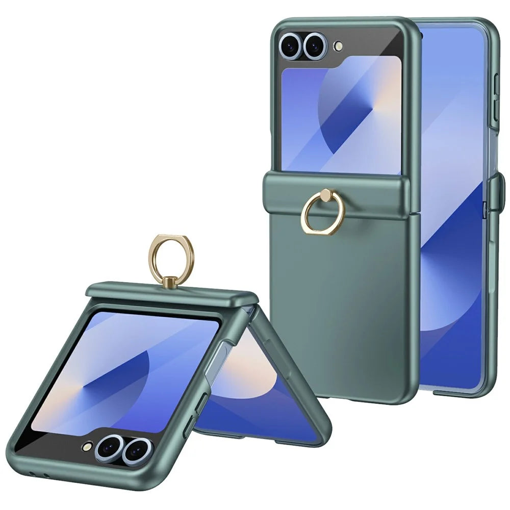 For Samsung Galaxy Z Flip5 5G Case with Tempered Glass Film Ring Holder Kickstand PC Phone Cover - Green - 1