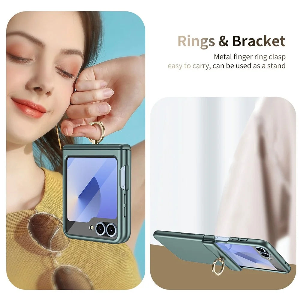 For Samsung Galaxy Z Flip5 5G Case with Tempered Glass Film Ring Holder Kickstand PC Phone Cover - Green - 3