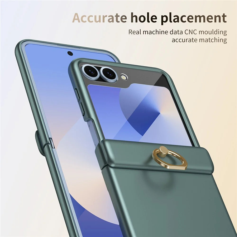 For Samsung Galaxy Z Flip5 5G Case with Tempered Glass Film Ring Holder Kickstand PC Phone Cover - Green - 7