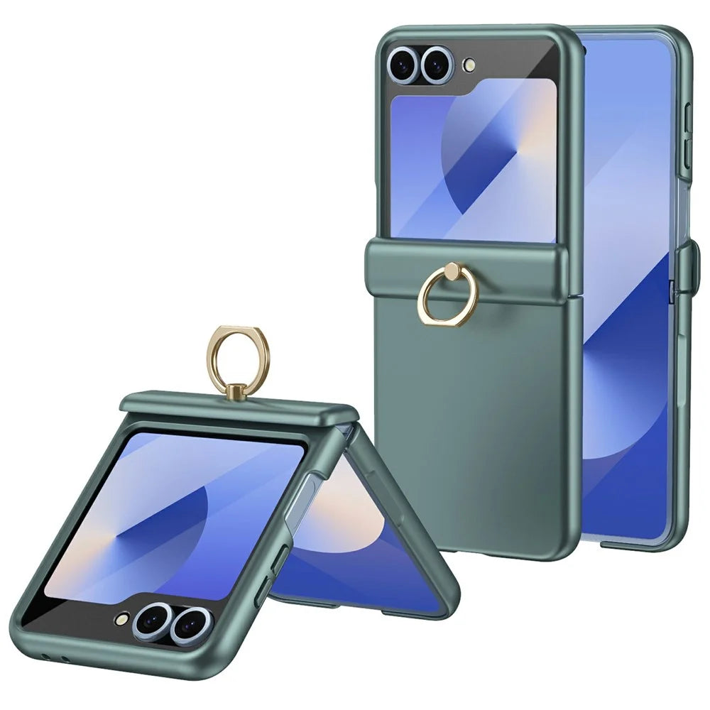 For Samsung Galaxy Z Flip7 FE 5G / Z Flip6 5G Case with Tempered Glass Film Ring Holder Kickstand PC Phone Cover - Green - 1