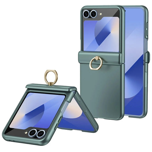 For Samsung Galaxy Z Flip7 FE 5G / Z Flip6 5G Case with Tempered Glass Film Ring Holder Kickstand PC Phone Cover - Green - 1