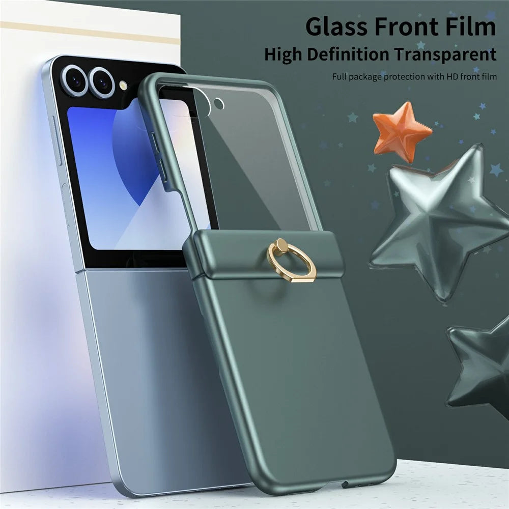 For Samsung Galaxy Z Flip7 FE 5G / Z Flip6 5G Case with Tempered Glass Film Ring Holder Kickstand PC Phone Cover - Green - 2