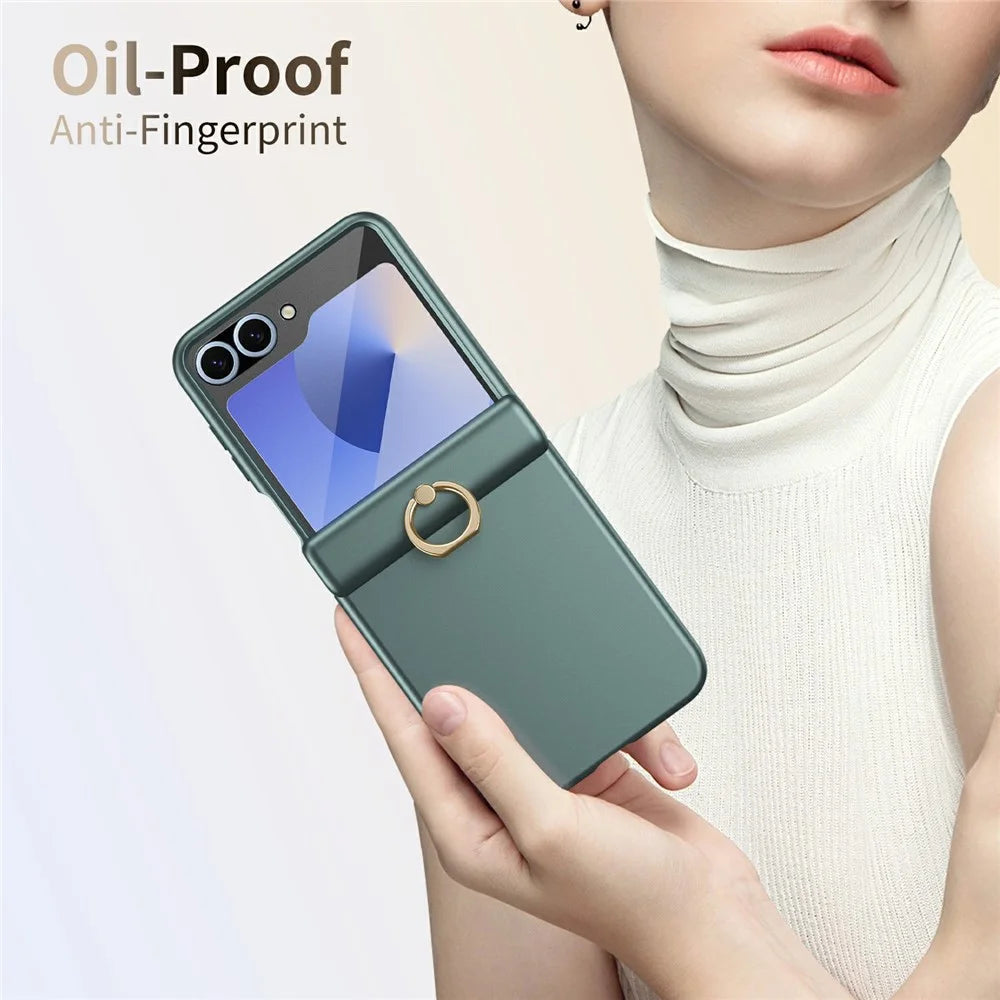 For Samsung Galaxy Z Flip7 FE 5G / Z Flip6 5G Case with Tempered Glass Film Ring Holder Kickstand PC Phone Cover - Green - 4