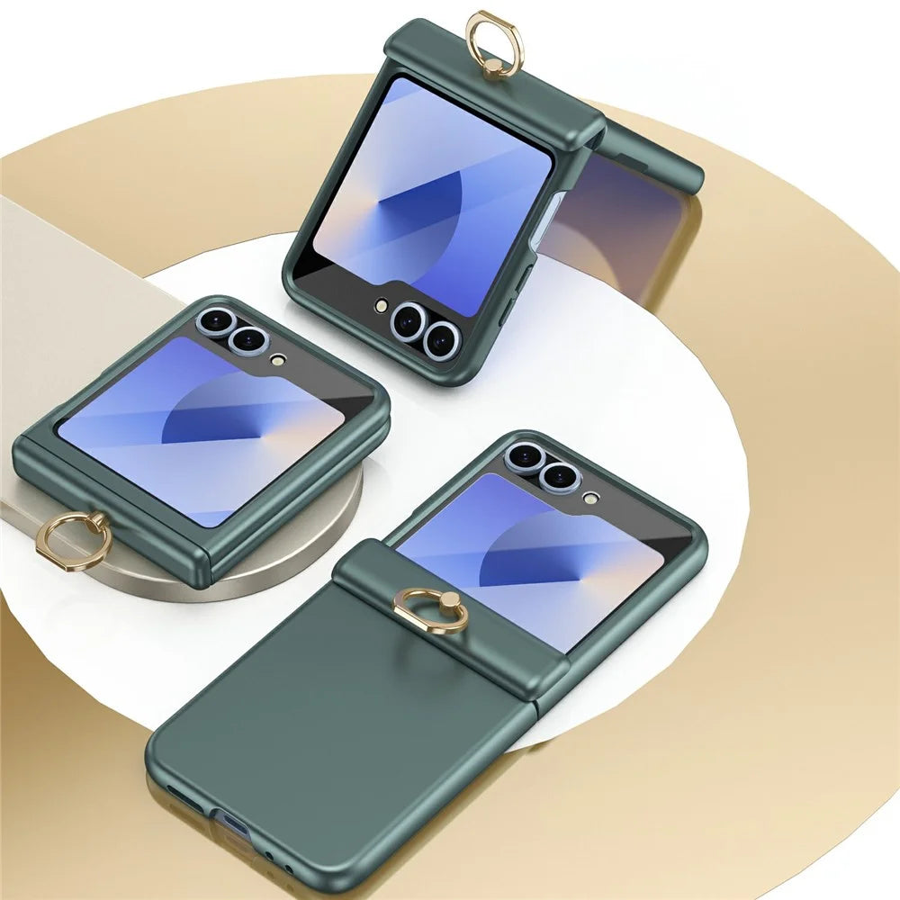 For Samsung Galaxy Z Flip7 FE 5G / Z Flip6 5G Case with Tempered Glass Film Ring Holder Kickstand PC Phone Cover - Green - 6