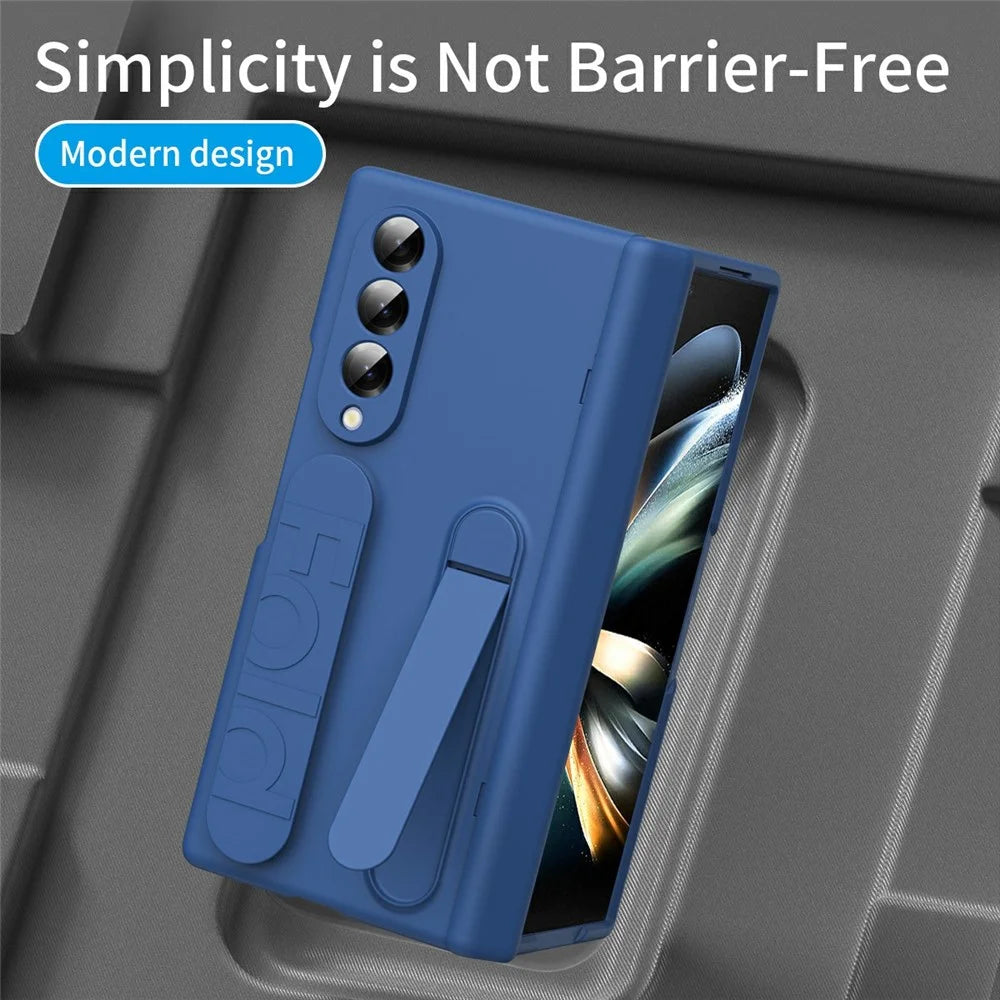 For Samsung Galaxy Z Fold3 5G Case with Tempered Glass Film Silicone Wristband Kickstand PC Phone Cover - Blue - 3
