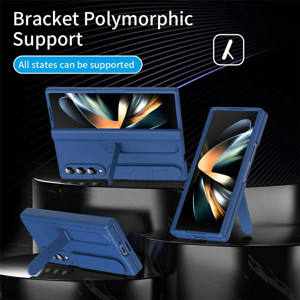 For Samsung Galaxy Z Fold3 5G Case with Tempered Glass Film Silicone Wristband Kickstand PC Phone Cover - Blue - 5
