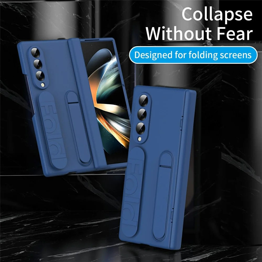 For Samsung Galaxy Z Fold3 5G Case with Tempered Glass Film Silicone Wristband Kickstand PC Phone Cover - Blue - 6