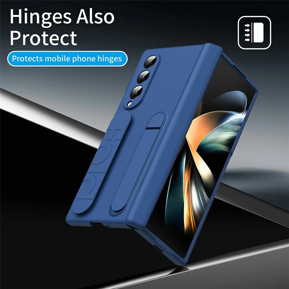 For Samsung Galaxy Z Fold3 5G Case with Tempered Glass Film Silicone Wristband Kickstand PC Phone Cover - Blue - 7