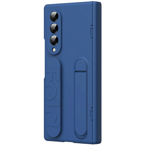 For Samsung Galaxy Z Fold4 5G Case with Tempered Glass Film Silicone Wristband Kickstand PC Phone Cover - Blue - 1