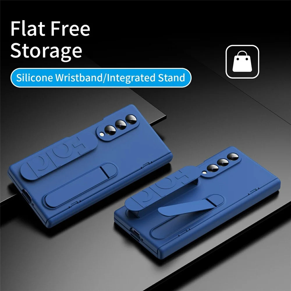 For Samsung Galaxy Z Fold4 5G Case with Tempered Glass Film Silicone Wristband Kickstand PC Phone Cover - Blue - 2